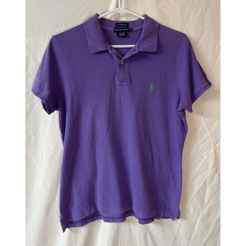 Ralph Lauren The Skinny Polo Purple Cotton Pique Green Pony Y2K Preppy Womens XL